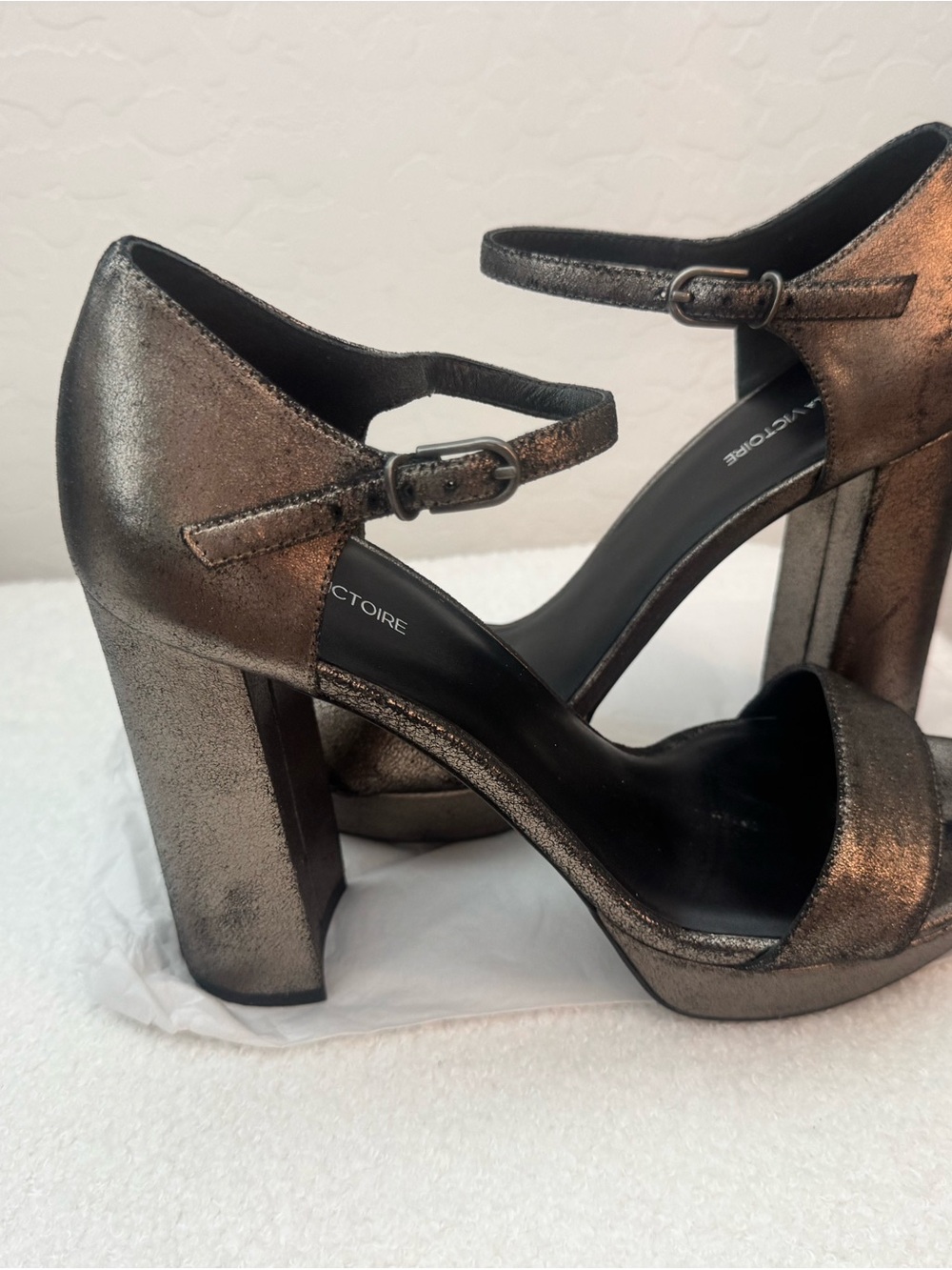 Pour La Victoire Metallic Bronze Mary Jane Block Heels